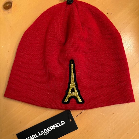 Red Karl Lagerfeld beanie with Eiffel Tower - Picture 1 of 2